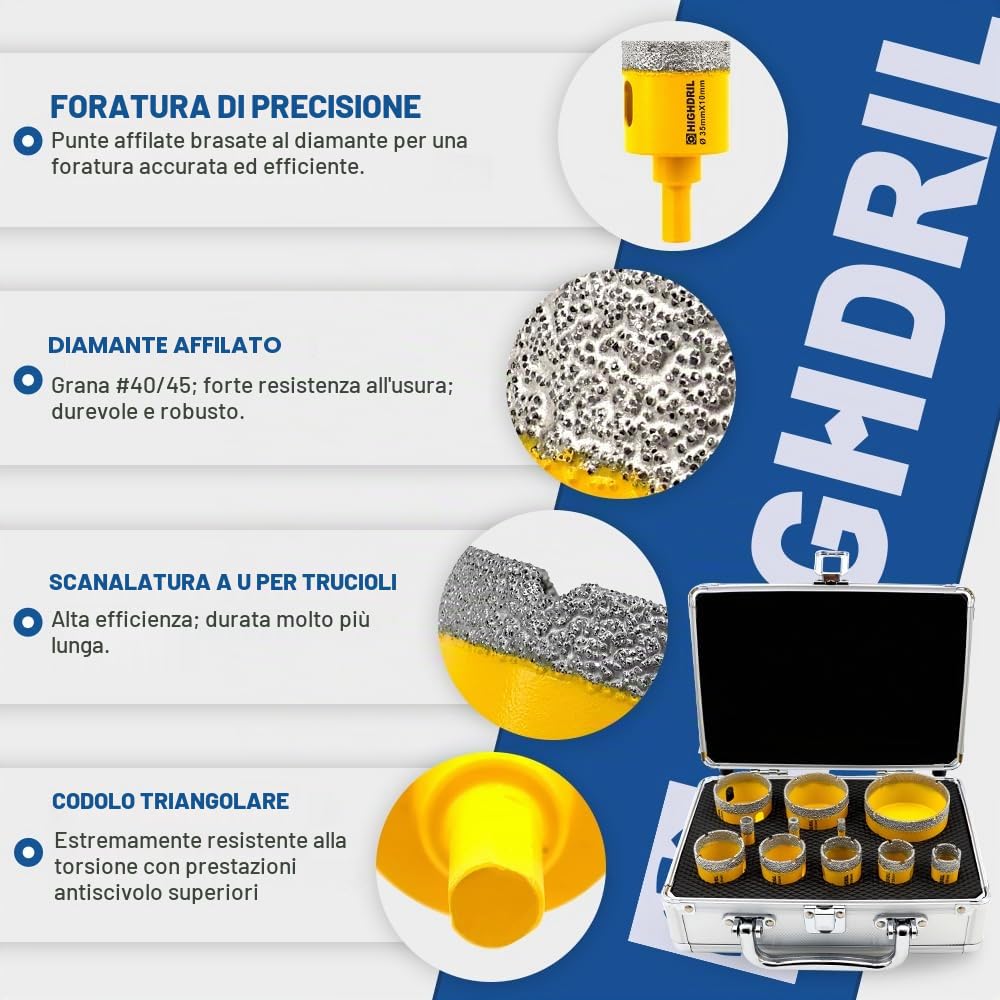 HIGHDRIL Trapano Diamantato Kit 11pezzi (6/8/10/20/25/28/32/35/45/50/65mm Punte per Trapano) Seghe a Tazza per Piastrelle Ceramica Marmo Granito