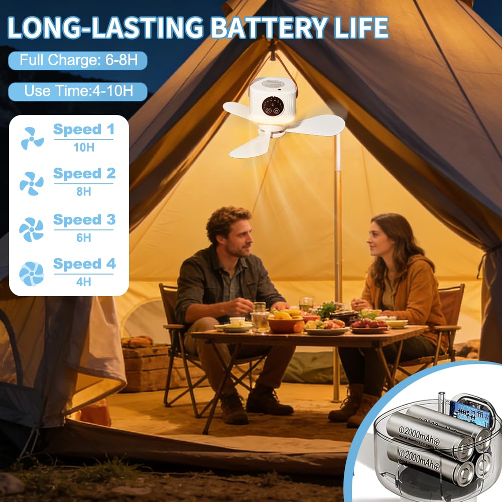Deckenventilator mit Beleuchtung Camping,Outdoor Kleiner Deckenventilator mit Akku,Camping-Ventilator mit drahtloser Fernbedienung,Leise,USB,Timer,Pavillon Terrasse,Sonnenschirm
