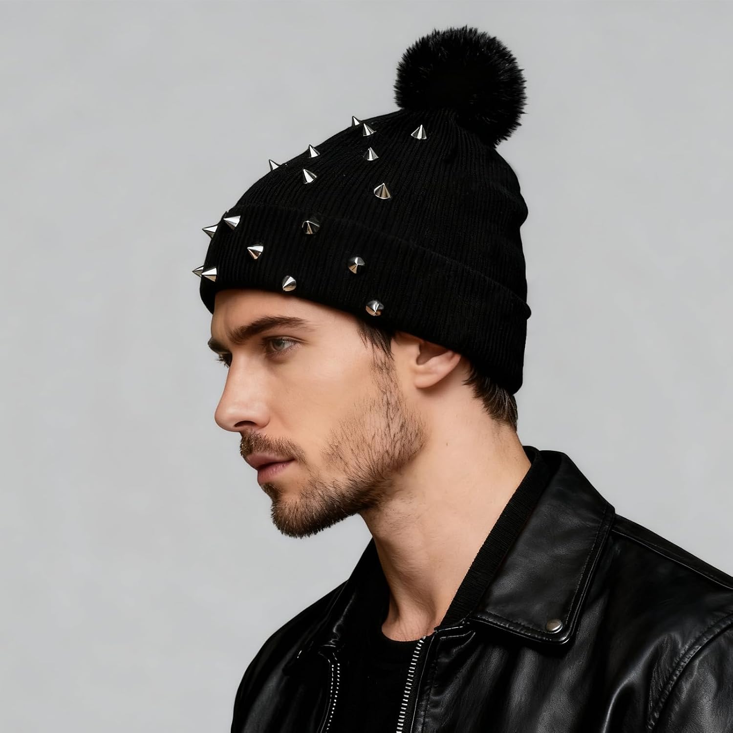 Winter Mütze Punk Rivet Strickmütze Mit Wollbommel, Aesthetics Grunge & Y2K Beanie, Gothic Emo Alternative Accessories, Warmth Autumn Winter image 4