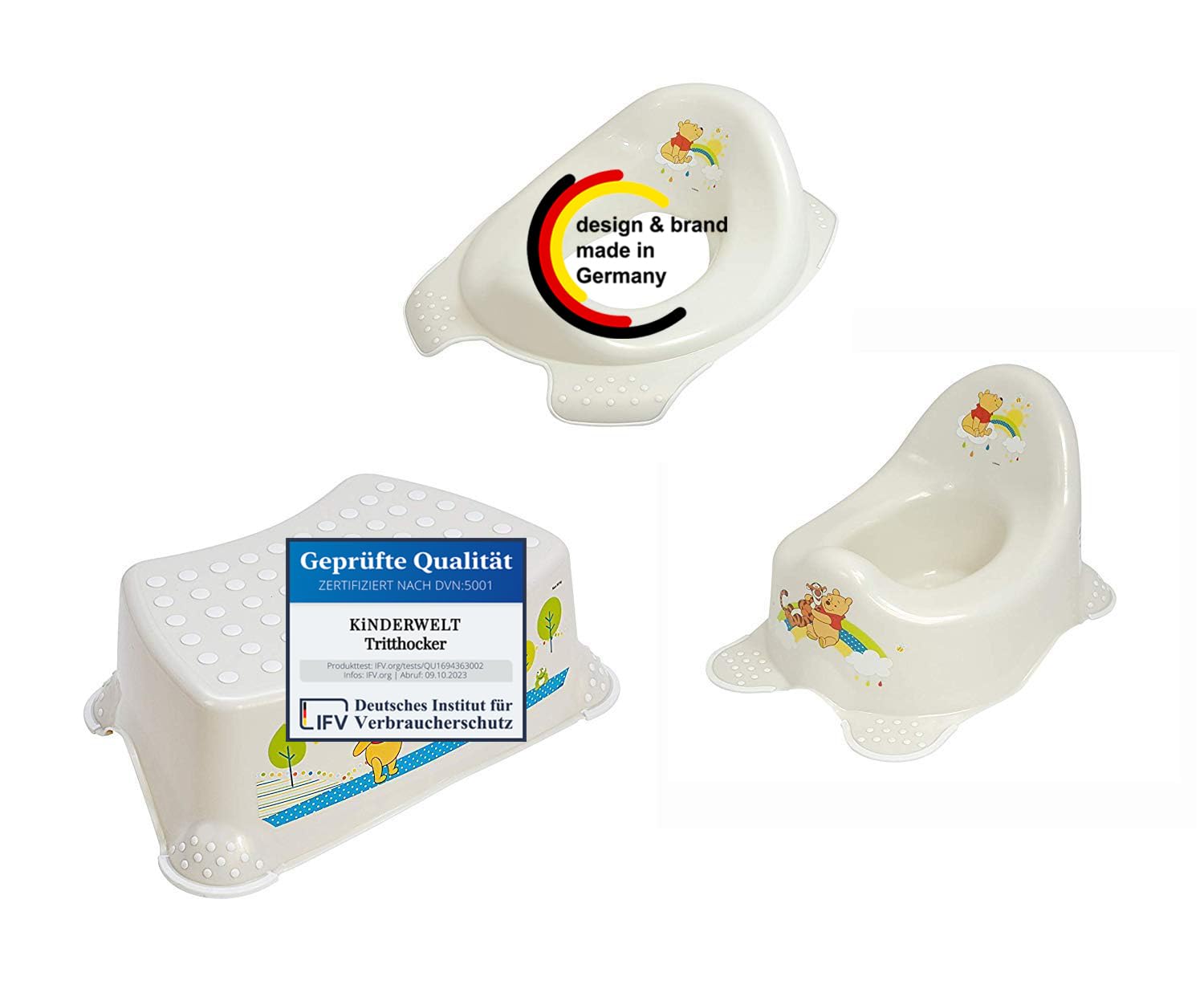 3er Set: Perla Premium Disney Winnie The Pooh Perla Blanco Kinder-Toilettensitz+Taburete Escalón+Orinal Reductor