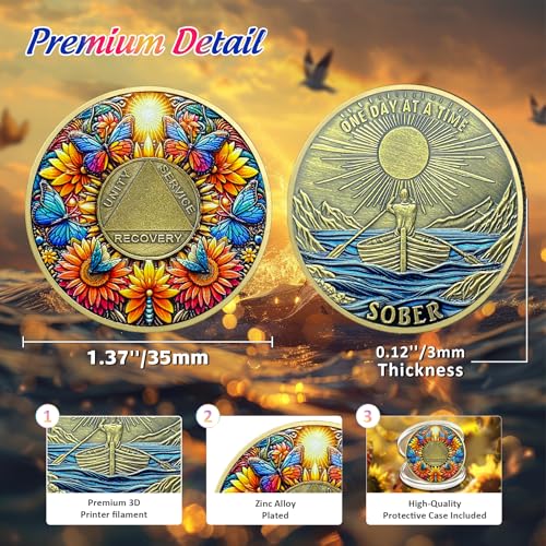 Image of Sunflower Blessing Sobriety Coin - One Day at A Time AA Coins - Recovery Butterfly Addiction NA AA Chips and Medallions - Living Clean Sober Token Alcoholics Narcotics Anonymous Gifts for Men Women