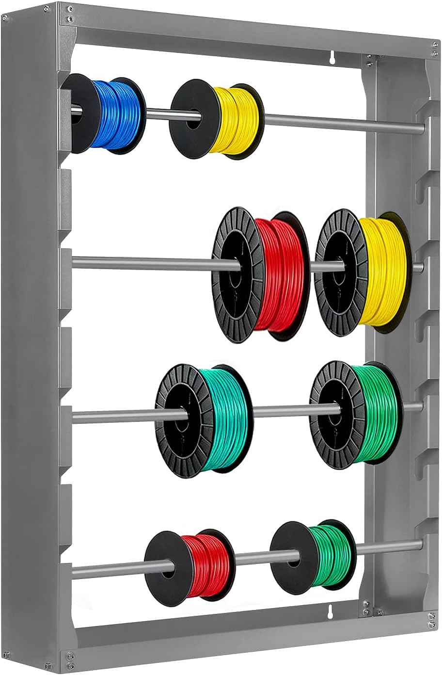 Wire Spool Rack, Heavy Duty Cold-Rolled Steel Wire Cable Dispenser Conduit Display Rack Wall Mounted Spool Storage Rack with 4 Adjustable Rods for Electrical Industrial Retail Use Grey