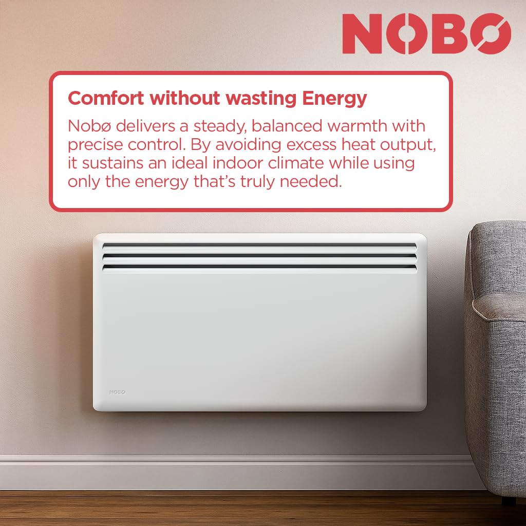 Elektrischer Konvektor Heizkörper Nobø NFK4N - 1000W, Weiß, Smart-Thermostat mit Timer (NCU-2Te), Wandmontage, Energiesparende Elektroheizung, IP24 spritzwassergeschützt, Frostschutz, Wochenprogramme