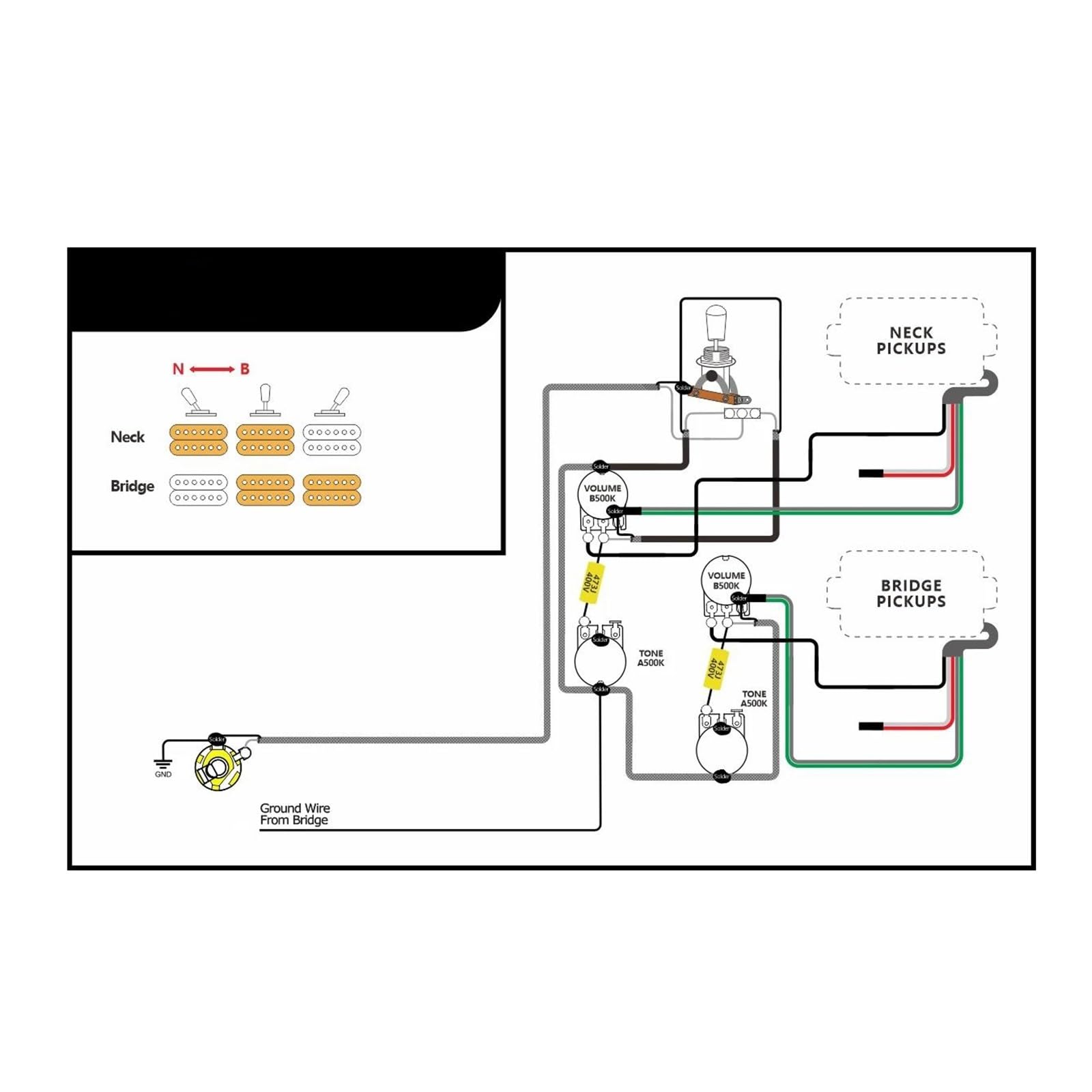 Kit De Harnais Pré Câblé 2T2V 500K Trois Vitesses Pour Guitares Électriques