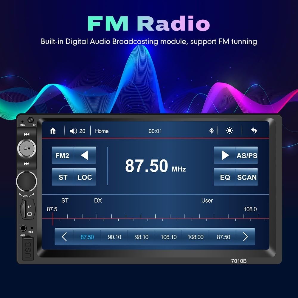 Screenshot of the car stereo's FM radio interface, showing frequency display and control buttons for tuning and presets.