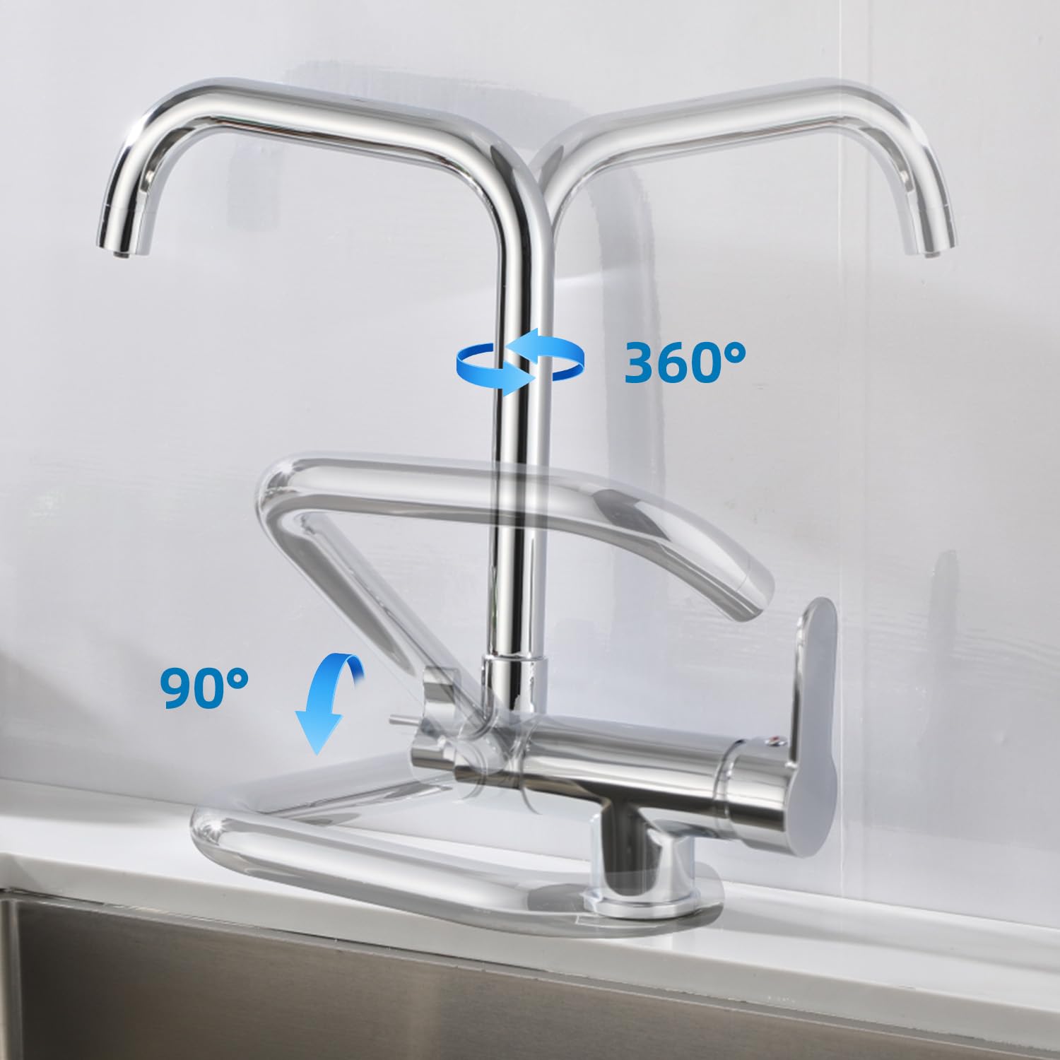 3 Wege Wasserhahn Küche,Vorfenster Küchenarmatur Klappbar mit Kaltstart,3 in 1 Mischbatterie für Wasserfilter,360°Drehbar Armatur Küche Spülarmaturen mit 2 Hebel (Chrom)