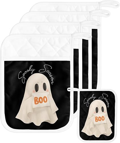 Miniatura 1 de Halloween 5Pcs Pot Holders for Kitchen, Non Slip & Heat Insulation Terry Cloth Potholder Set with Pocket, Thick Hot Pad Oven Mitts Trivet Coaster