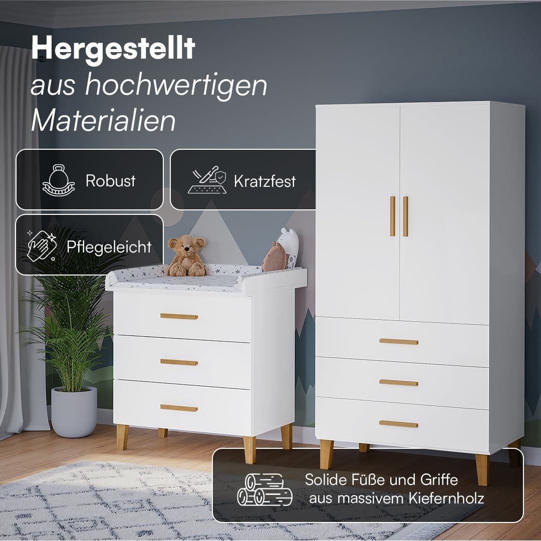 Bellabino Liri Kinderzimmer Set – 2-teiliges Babyzimmer Set mit Kinderkleiderschrank & Wickelkommode in Weiß/Natur – Wickeltisch mit abnehmbaren Wickelaufsatz & Kleiderschrank für Kinderzimmer