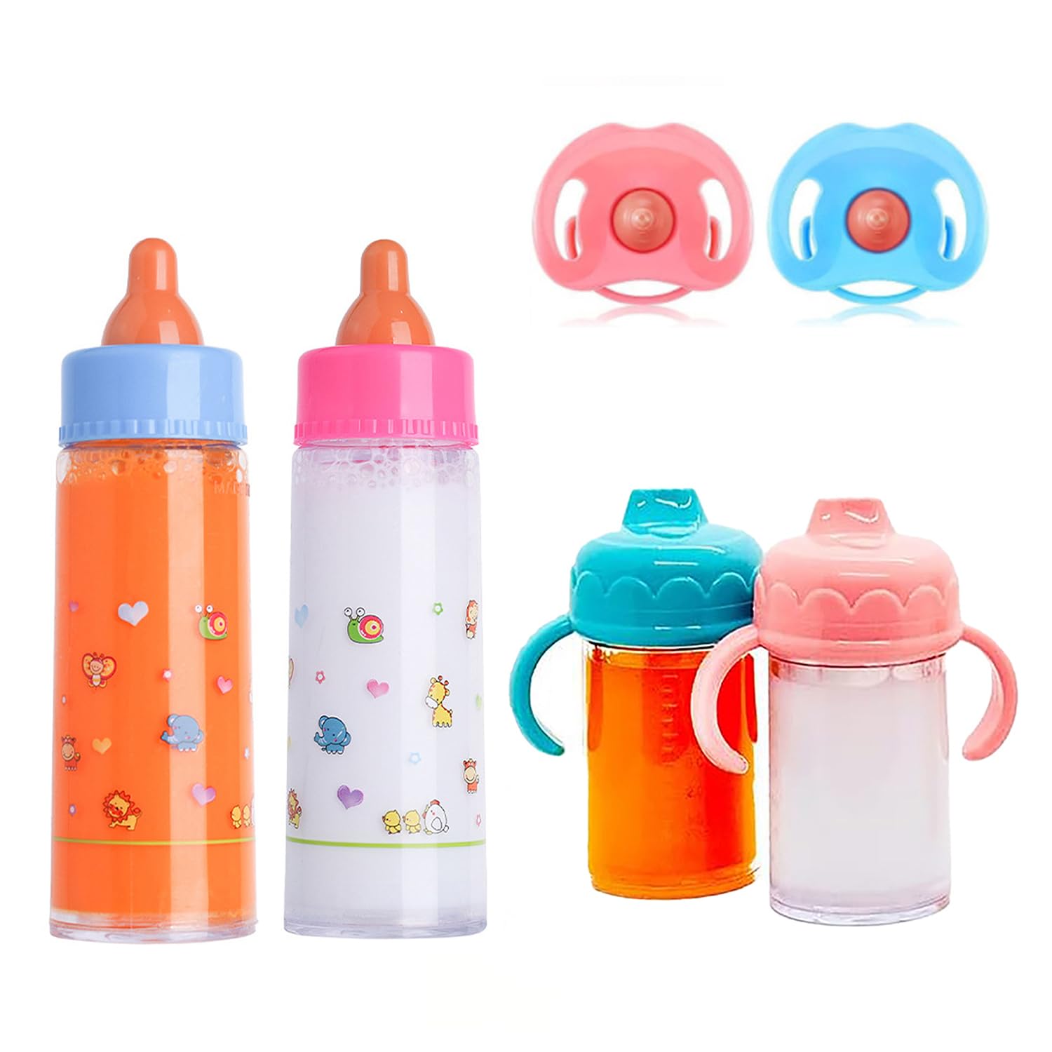 JINJUMEI Magische Flasche, 4 Stück Puppenflasche Mit Milch und 2 Stück Puppenschnuller, Magische Flasche mit verschwundenem Milch oder Saft für Babypuppen, Spielpuppen