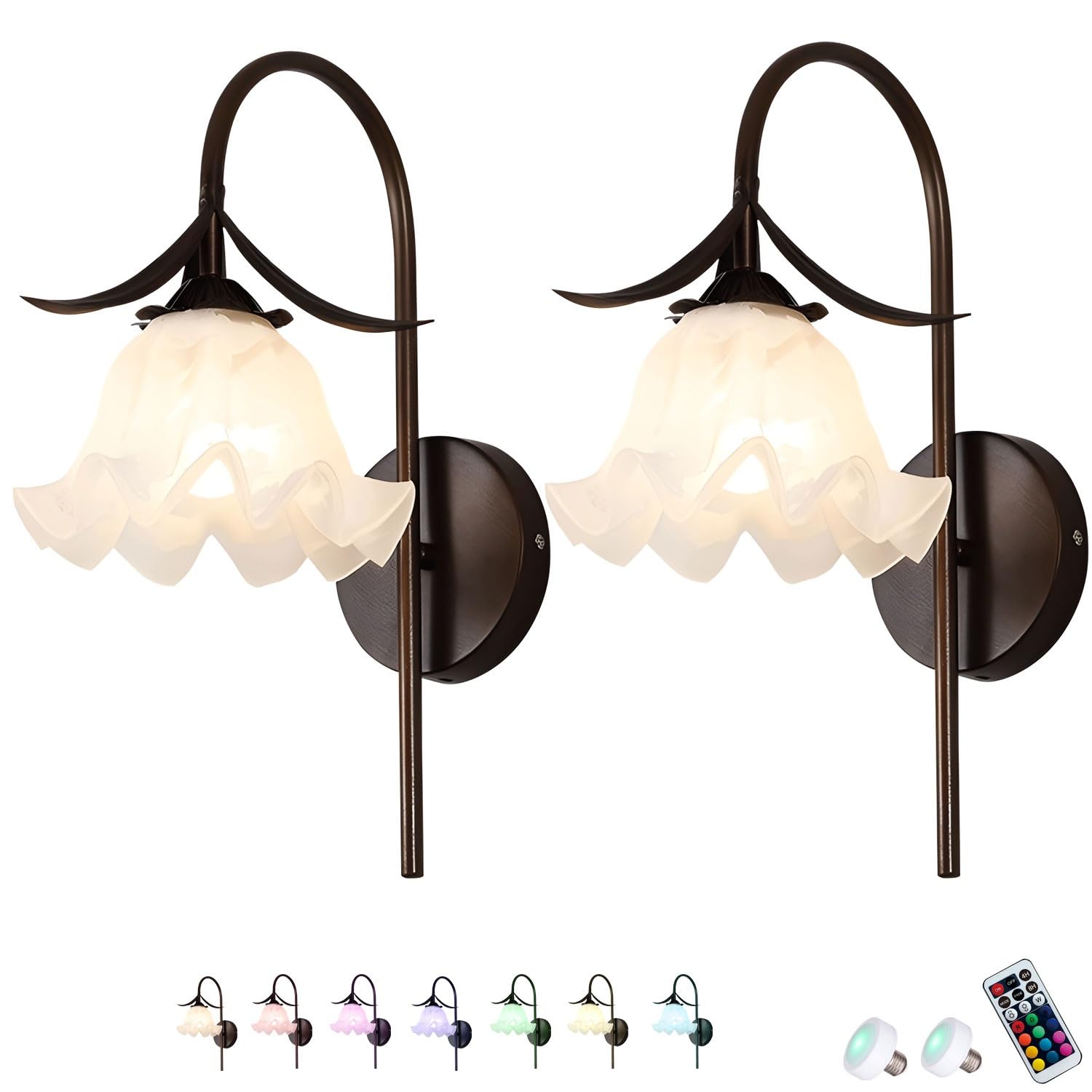 PENTWAN Battery Sconces Wall Decor set of 2,Rechargeable Wall Scones,Modern Flower Wall Lights,Wireless Sconces with Remote,Dimmable Lighting Fixtures for Bedroom Living Room Entryway(Black,Colorful)