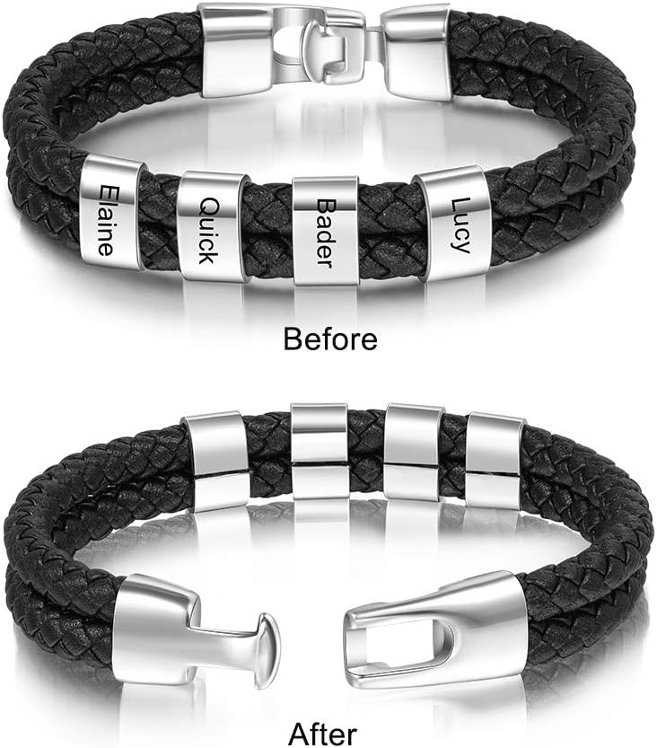 Christmas Gifts for Men Personalized Beads Bracelets for Men Custom Family Name Bracelet for Father Leather Bracelet for Dad Father's Day Gifts from Daughter Custom Men’s Jewelry Gift for Him