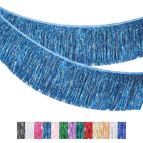 Morainjay Blue Fringe Sparkly Tinsel Garland 2M/20CM Wall Hanging Metallic Foil Banner Shiny Streamers Party Backdrop for Wedding Birthday Car Parade Floats