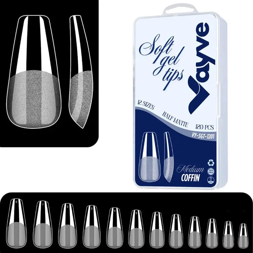 Soft Gel Nail Tips Artificial Nail Nail Extension Set- False Nails Full Cover Soft Nail Tip | Nail Salons DIY Nail Art with Box (Pack of 120) (Medium Coffin 1201)