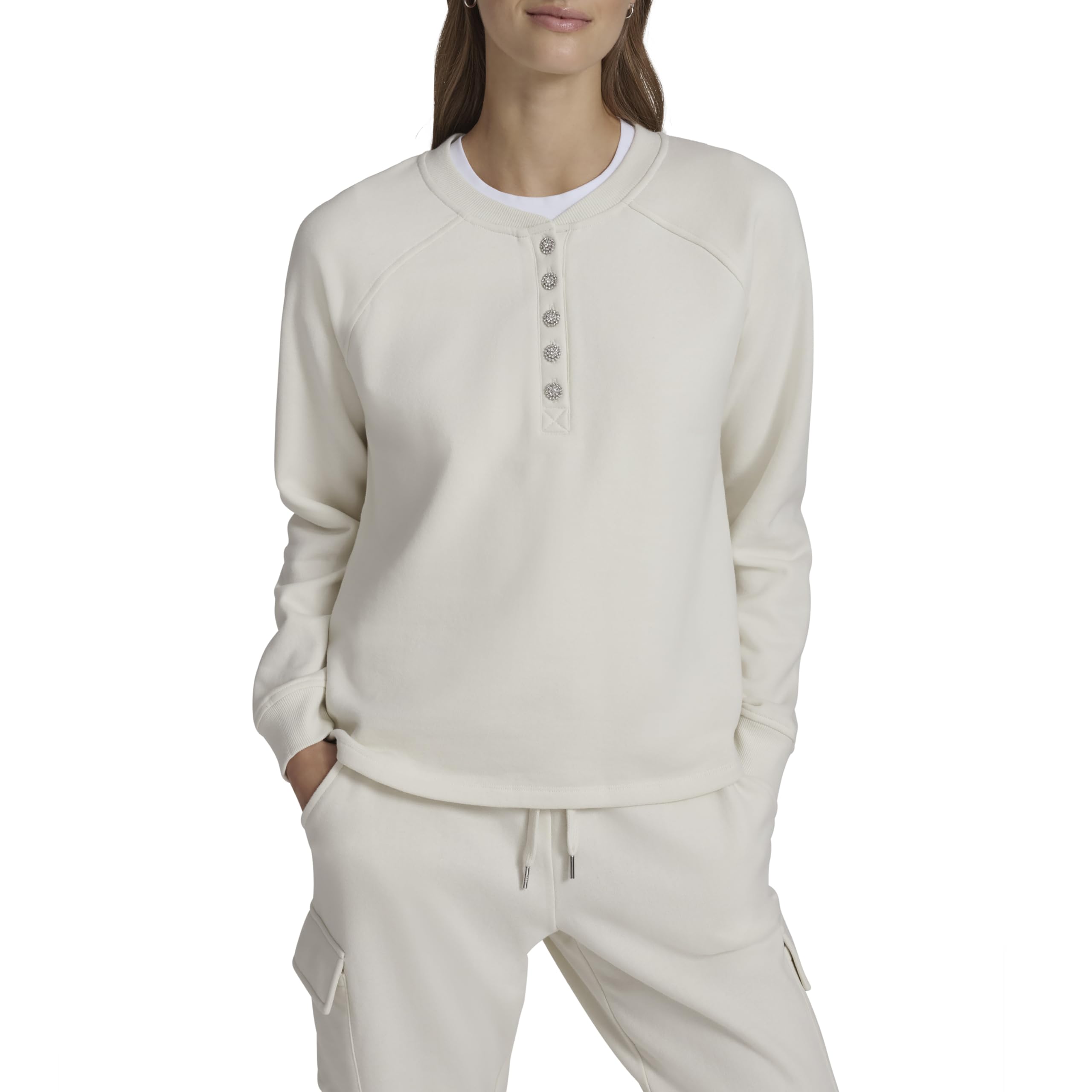 Andrew Marc Women's Buttons Rhinestones Crewneck Top