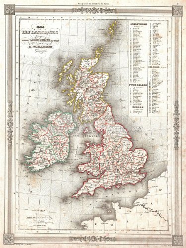 wall map of the british isles - ATTRACTIVE 1852 MAP THE BRITISH ISLES BY VUILLEMIN VINTAGE 24x18 INCH (61x46 Cms) POSTER PRINT 2964PYLV by Large Posters