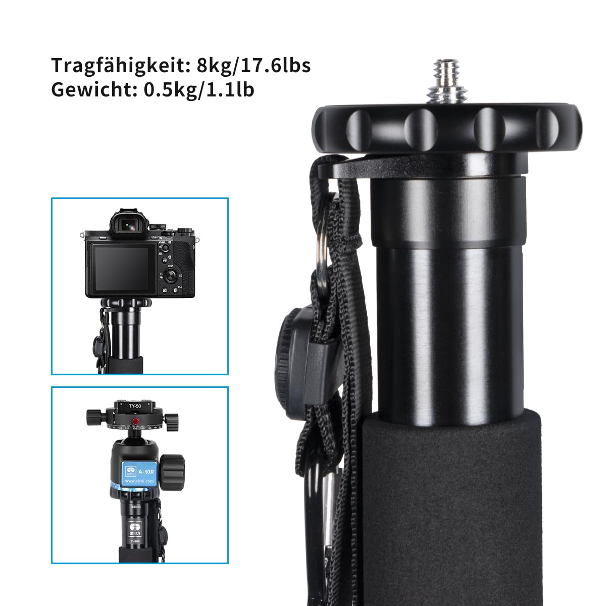 SIRUI P-306 Einbeinstativ Kamera Reise Monopod, Aluminium 0.56kg Stativ, 6 Sektionen, leichtes kompaktes Reisestativ, Max 155cm, 39,2cm Packmaß, Max Last 8kg