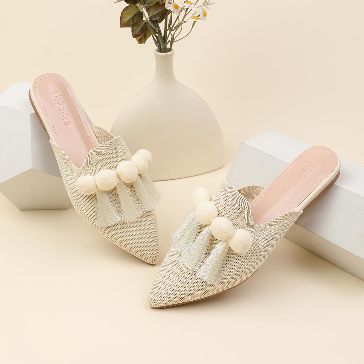 Pointed Toe Mules for Women Flats Comfortable Dressy Casual Loafers Shoes Tassel Trim Backless Flats - Image 3