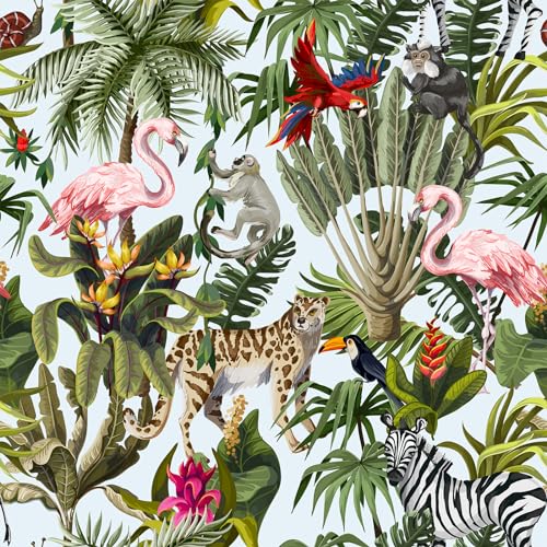 VEELIKE Papel Pintado Hoja Tropical Papel Pintado Flores y Pajaros Papel Autoadhesivo Pared Selva Flamencos Cebras Leopardo Mono Jungla Fotomurales Decorativos Pared Dormitorio Baño 44.5cm×300cm