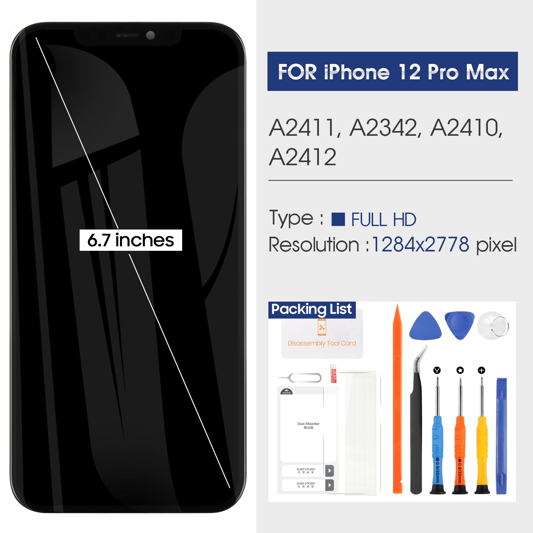 pour iPhone 12 Pro Max Écran LCD pour iPhone 12 Pro Max LCD Display A2411 A2342 A2410 A2412 6,7 Pouce Écran Tactile 12 ProMax Ecran Remplacement Assemblée avec Réparation Kit