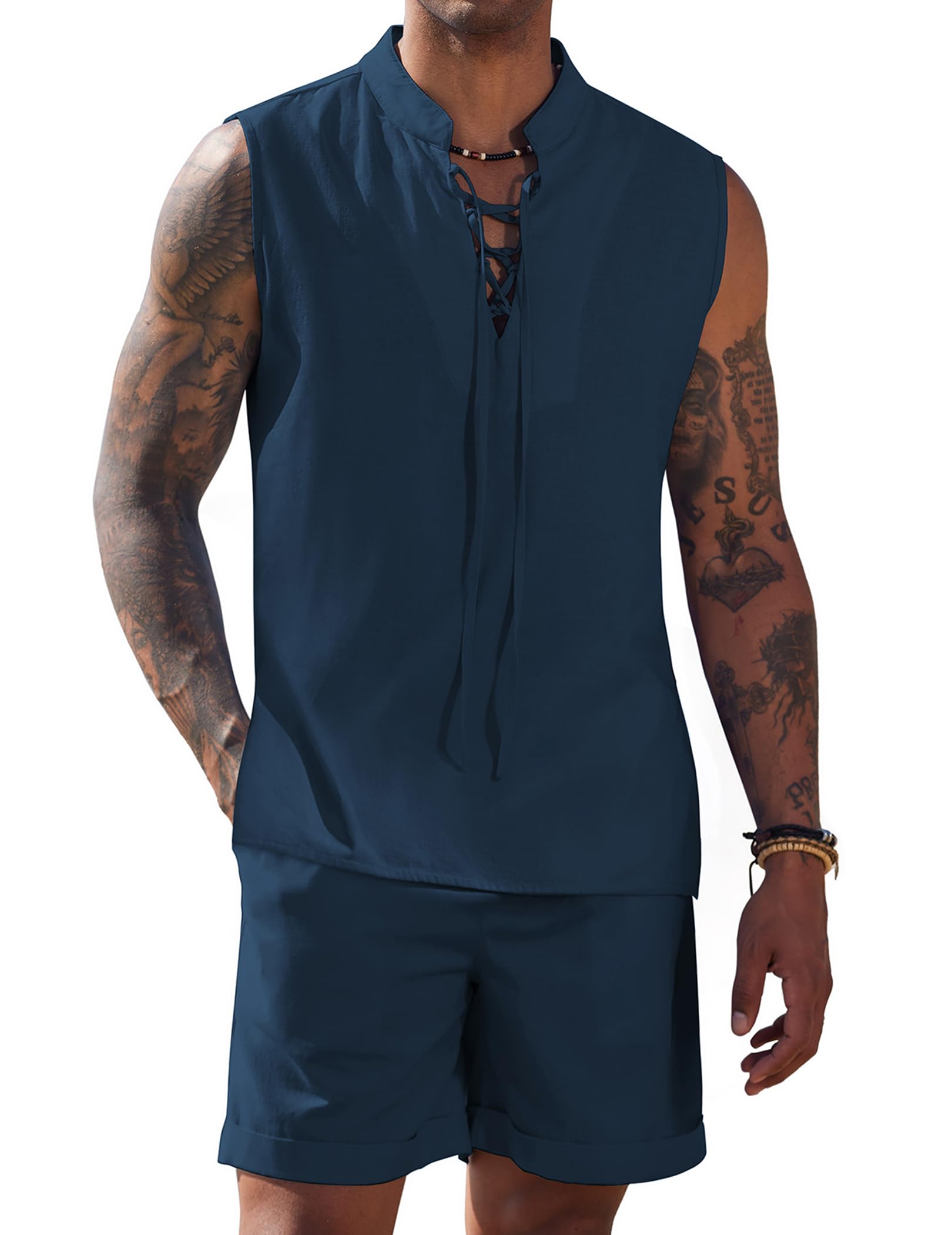 coofandy men39s linen sets 2 piece beach outfits lace up hippie tank tops summer casual sleeveless shirts matching shorts set