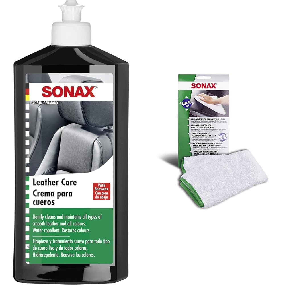 SONAX 291200 balsam do pielęgnacji skóry ml) (500 ml) hydrofobowy środek do pielęgnacji skóry z woskiem pszczelim & Sonax 04168000 Ściereczka z Mikrofibry do Czyszczenia Wnętrza Pojazdu, 40 X 40 cm