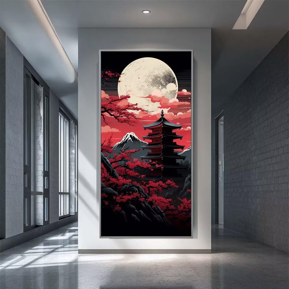 Diamond Painting Kits for Adults, 5D Diamond Art Japanese Landscape 90x180cm, Large Tower Full Moon Dimond Art kits Adults, Square Drill Crystal Rhinestone Embroidery Canvas for Home Decor (SQ835)