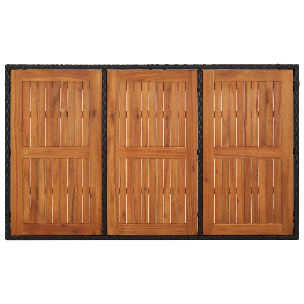 Mesa de jardín de ratán sintético negro 150 x 90 x 75 cm con tablero de madera de acacia maciza, mesa de jardín resistente al agua para terraza y jardín, marco de acero pulverizado