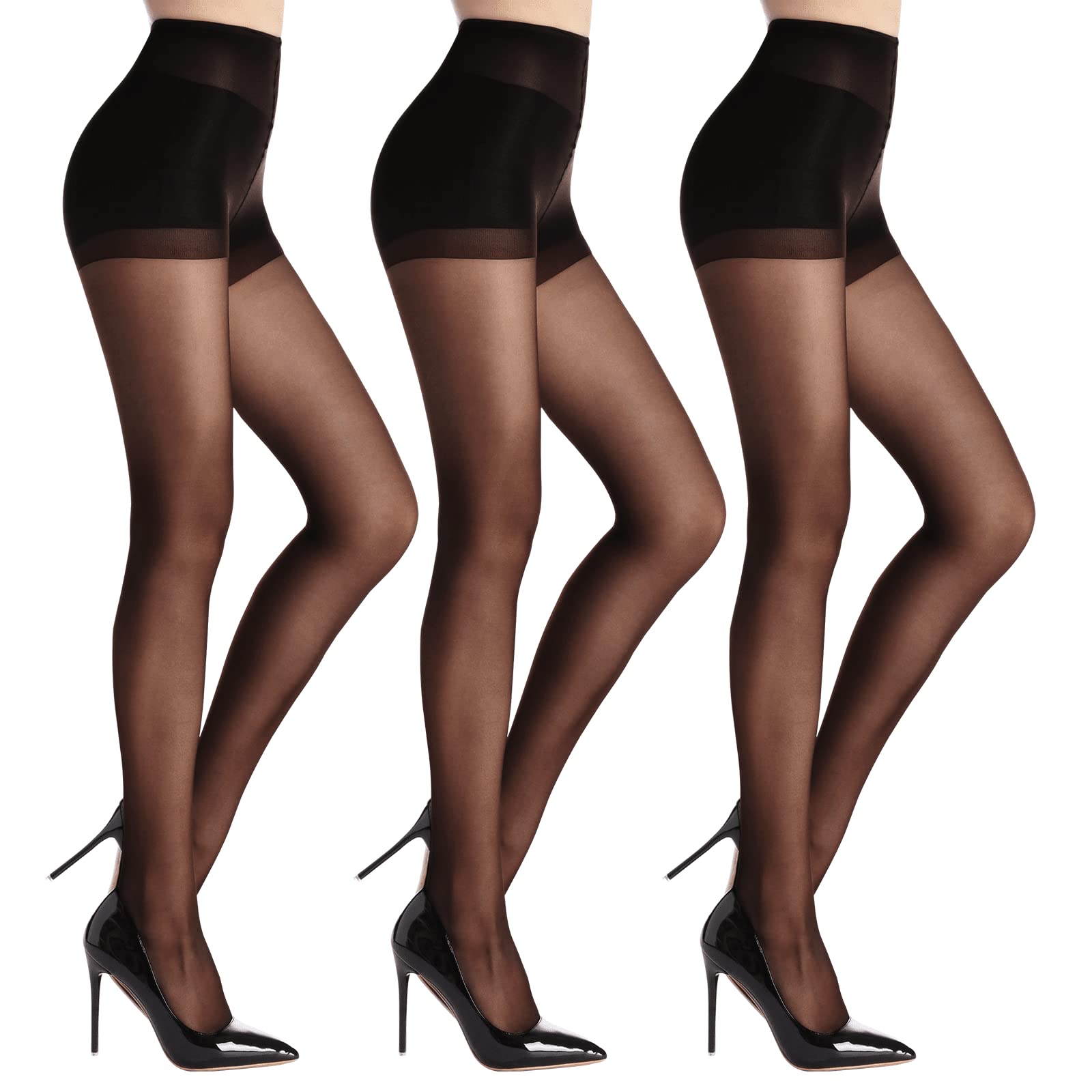 3 Pack Women's Sheer High Waist Tights with Support and Reinforced Toes Pantyhose