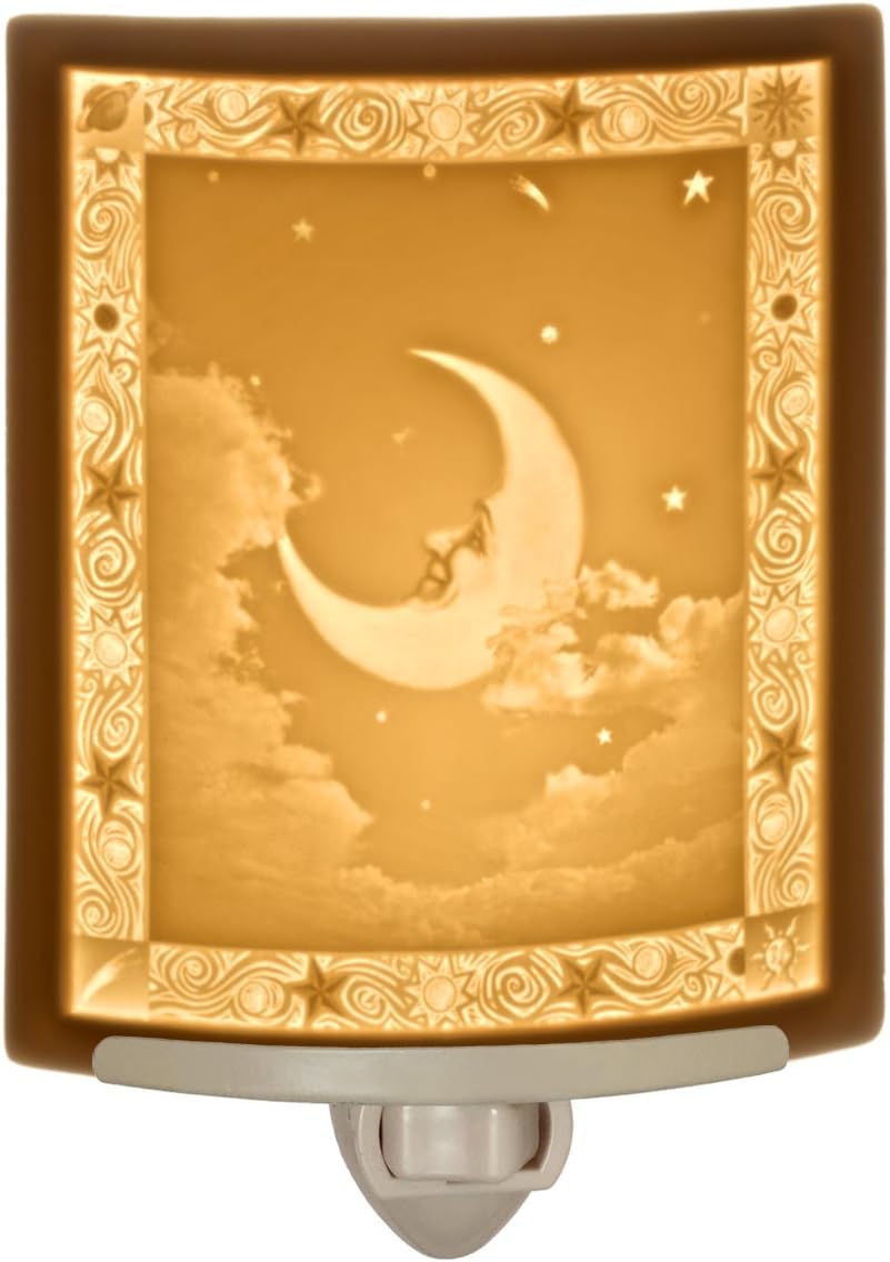 Man in The Moon - Translucent Porcelain Lithophane Night Light, Wall Plug in for Kitchen, Bath, Hall