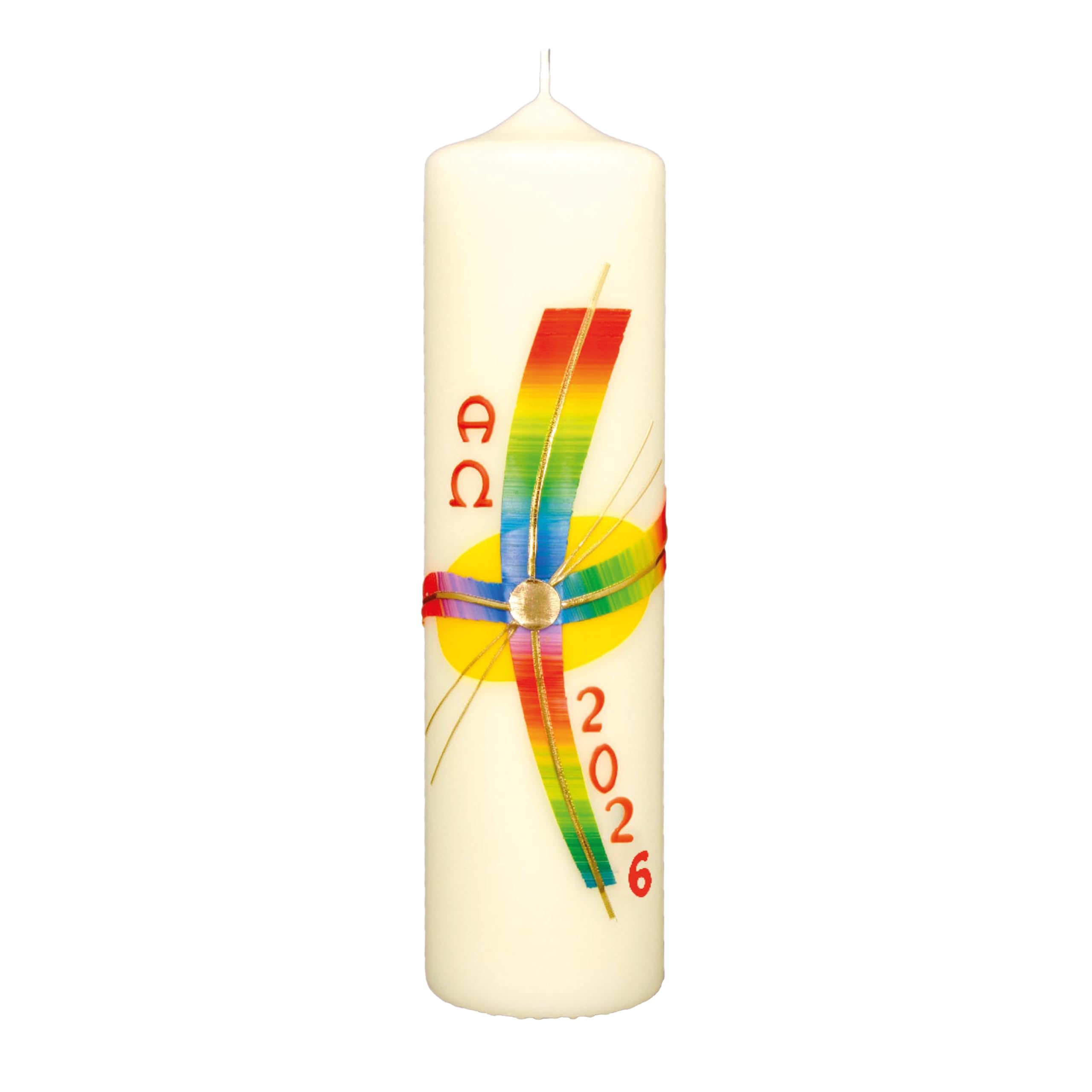 Candela di Pasqua con croce arcobaleno, A e O, anno 270 x Ø 70 mm