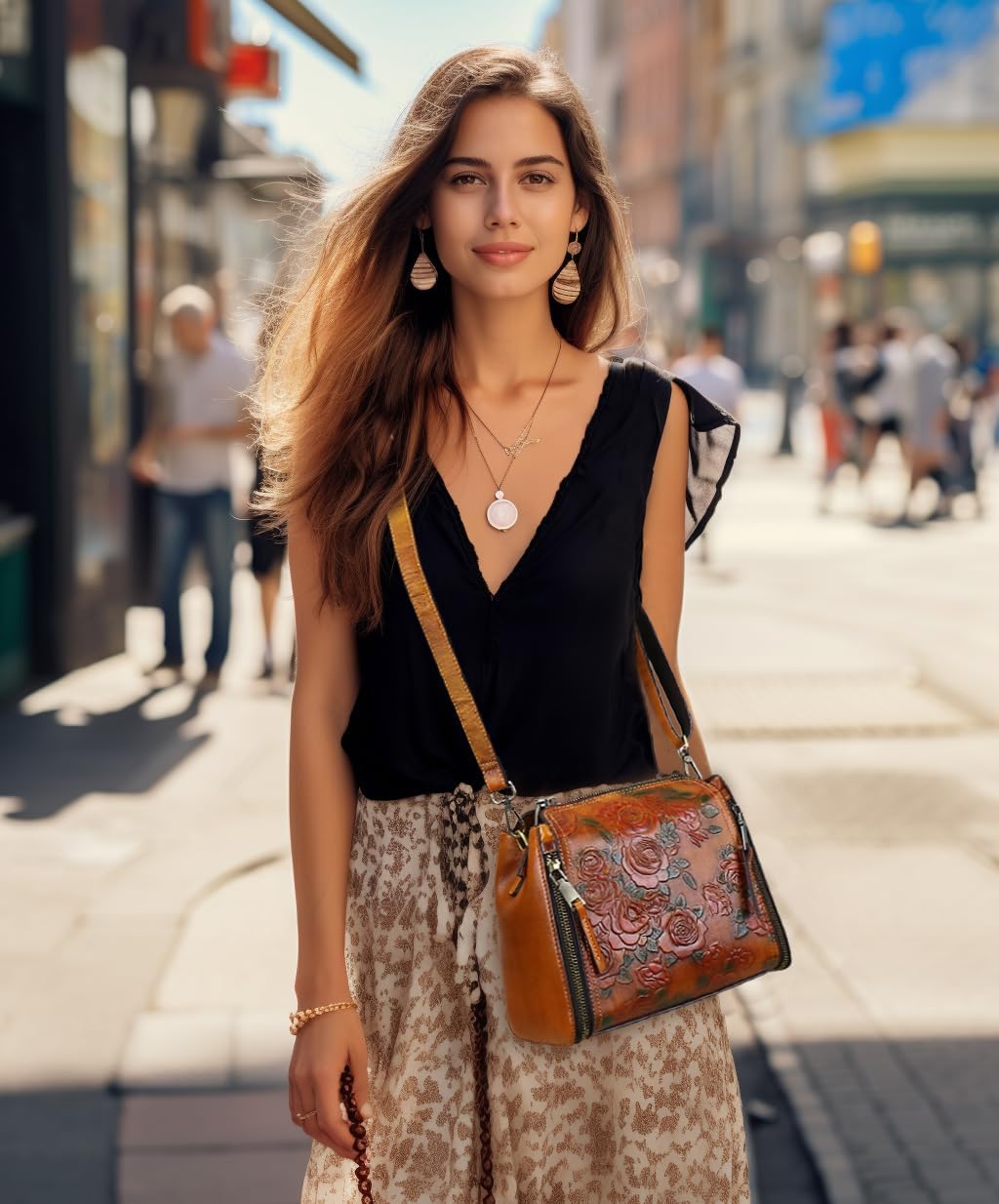 Women Genuine Leather Handbags, Organizer Retro Vegetable Tanning Leather Satchel Vintage Embossing Shoulder Bag Brown - Image 2