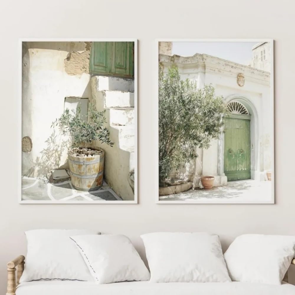 HURCP set of 2 Green White Italy Malta Olive Tree City Photography Canvas Print Poster Modern Minimalist Art Style Wall Art Home Decor Poster Gift,30x40 CM (11.8x15.8 In)