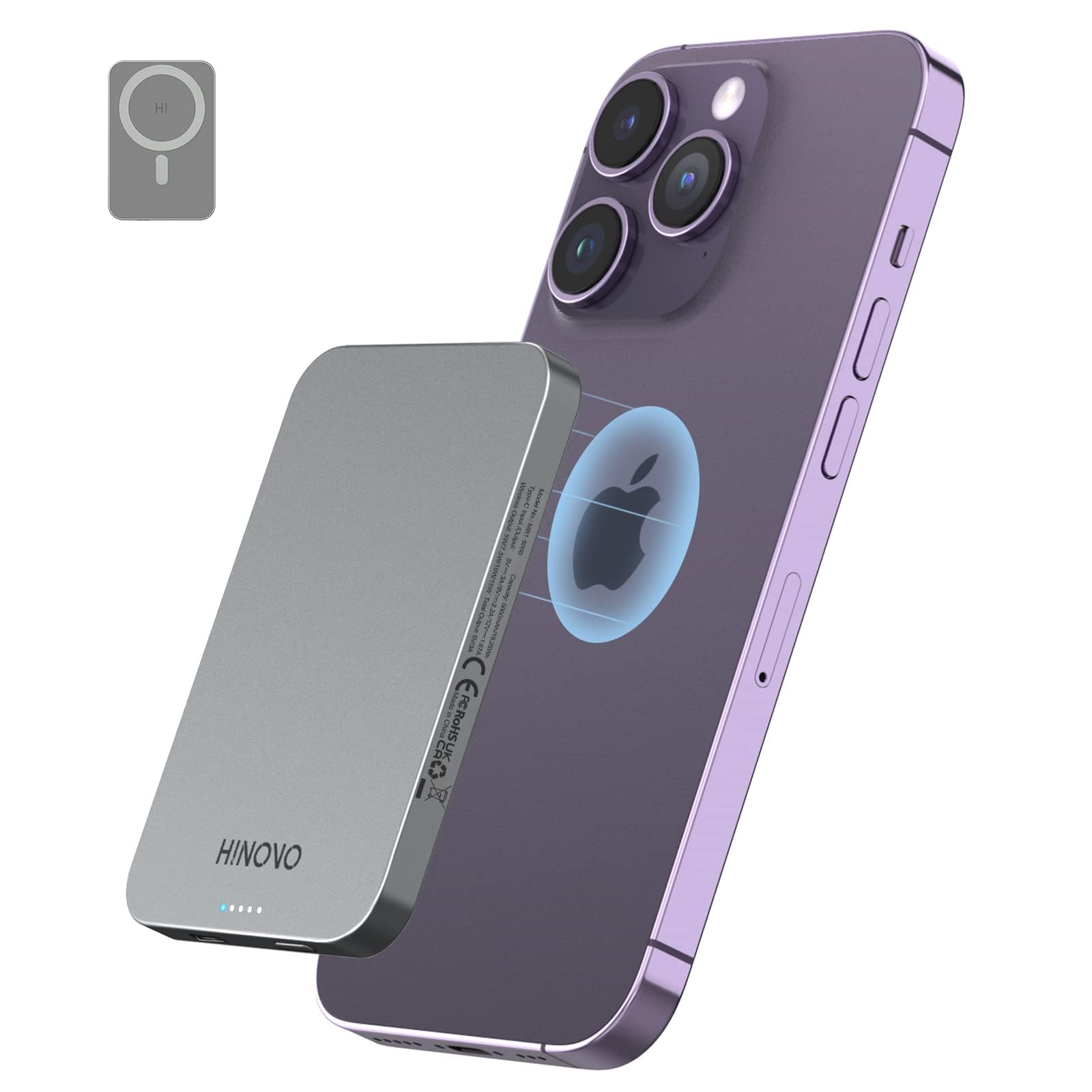 HINOVO Mag-safe Power Bank 5000mAh, Metal Design 0.35'' Ultra Slim Magnetic Battery Pack, PD 20W & 15W Wireless Fast Charging Portable Charger for iPhone 15/14/13/12 Series