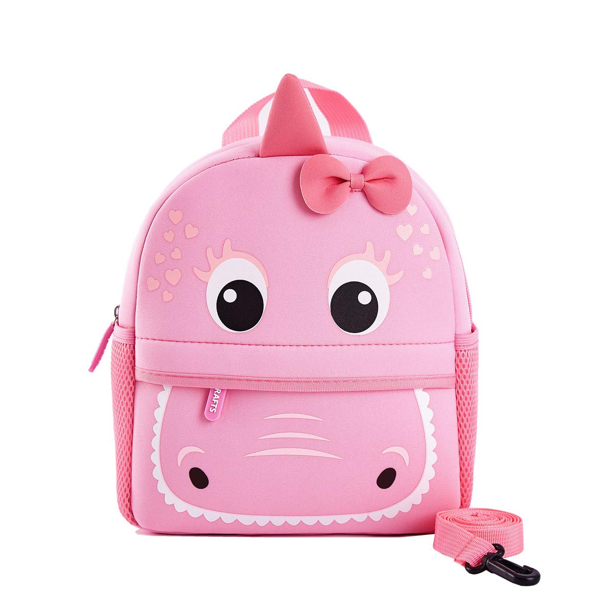 KK CRAFTS Preschool Toddler Backpack with Leash, 3D Cute Cartoon Neoprene Animal Schoolbag for Kids Boys Girls(Pink Dinosaur)