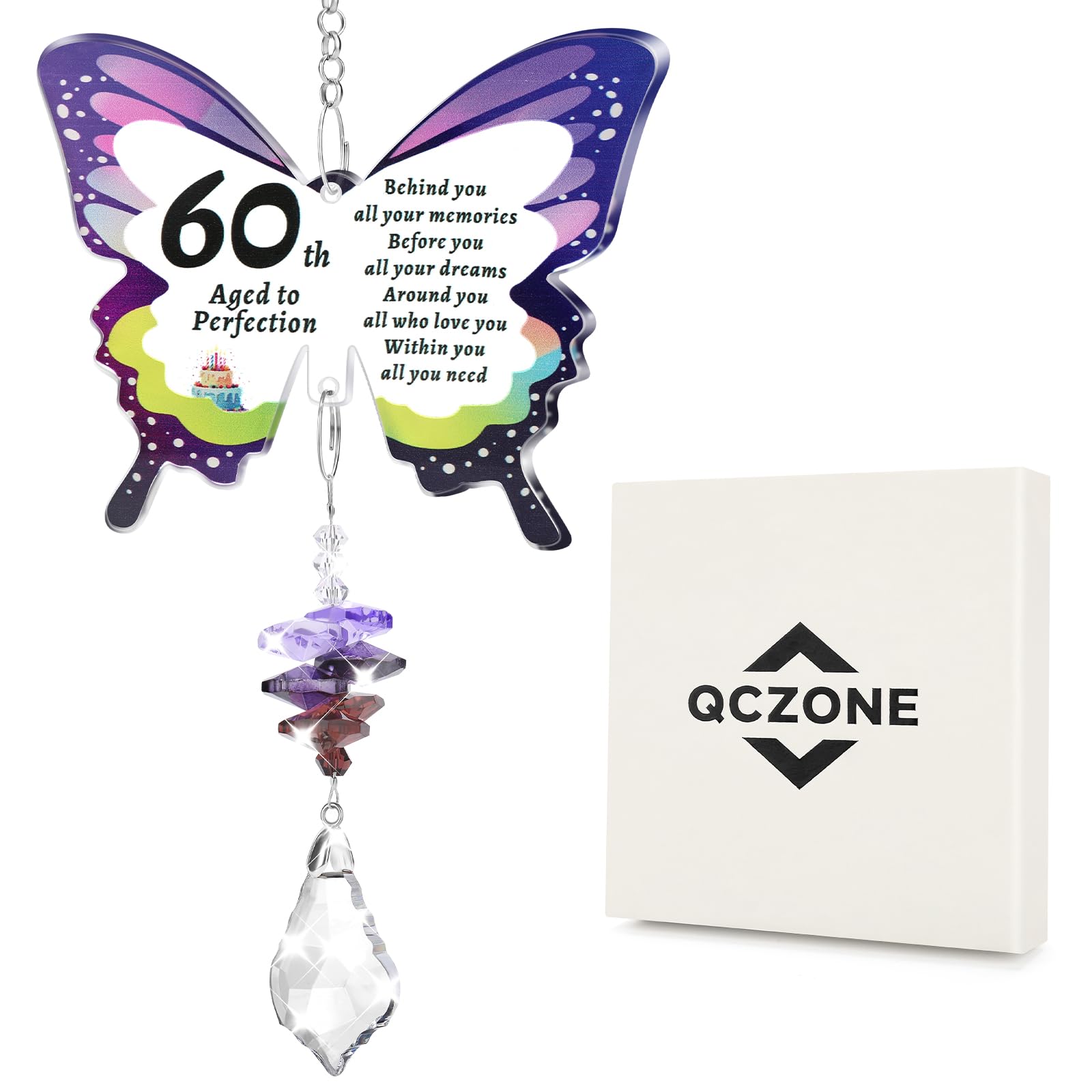 QCZONE Butterfly-Suncatcher for 60th Birthday Gifts - Crystal Acrylic Pendant with Engraved Message Unusual 60th Birthday Gifts for Women