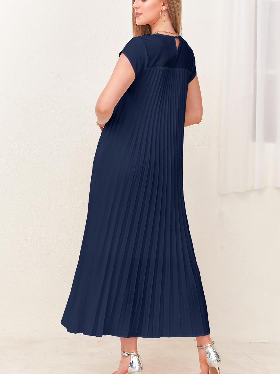 KEOMUD Women Summer Pleated Maxi Dress Casual Short Sleeve Crewneck Flowy Swing Long Dress with Pockets