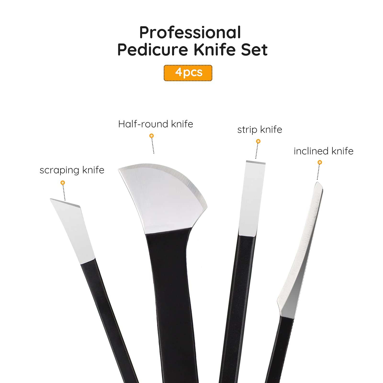 Juego de 4 cuchillos de pedicura para uñas encarnadas, pinzas de corrección con bolsa de transporte, acero de alto manganeso, cortador de reparación de pies para callos, salón de belleza, 3