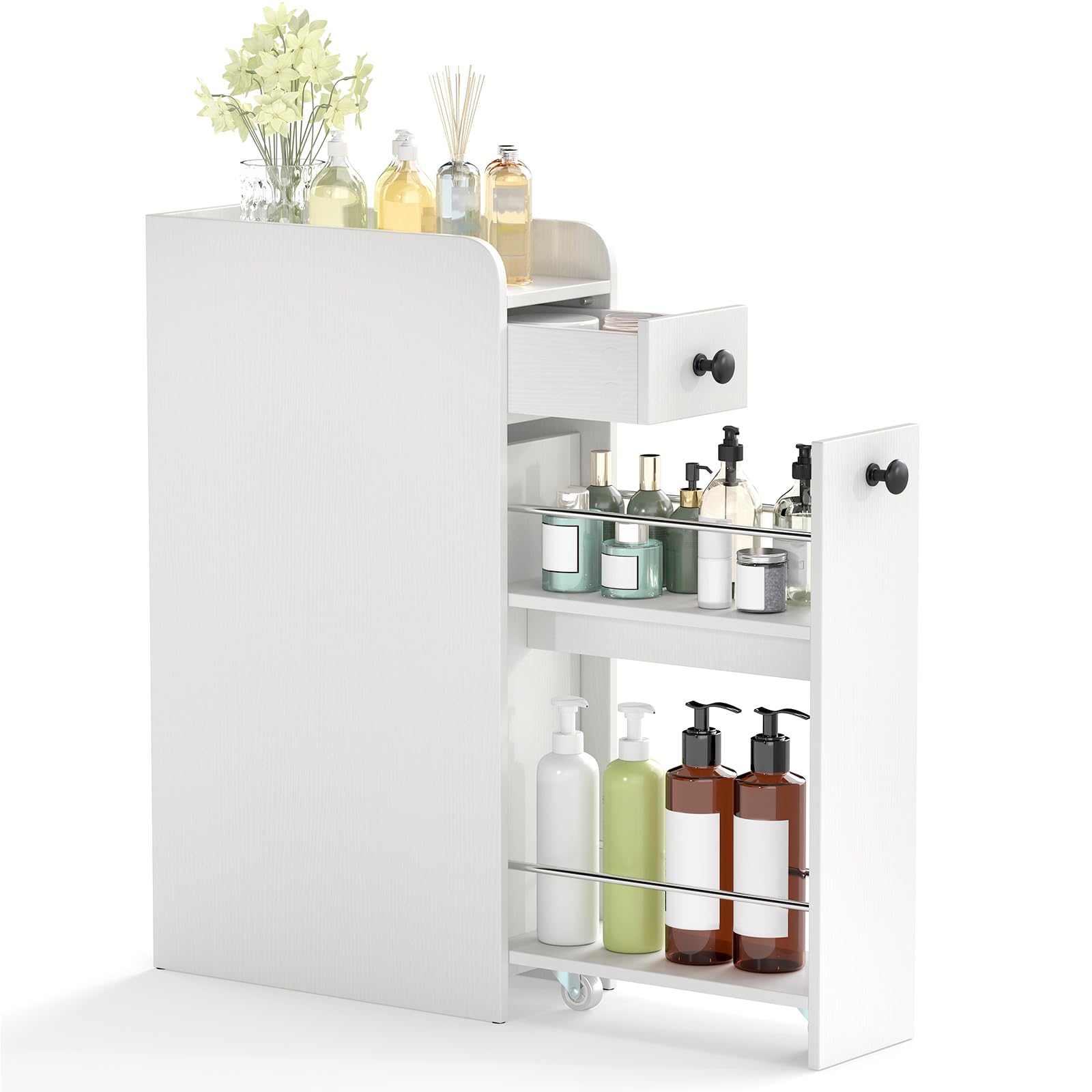 COSTWAY Slim Bathroom Floor Cabinet, Narrow Bathroom Storage Unit with Drawer and Slide Out Shelf on Wheels, Wooden Freestanding Compact Cupboard Toilet Paper Organiser for Small Spaces (White)
