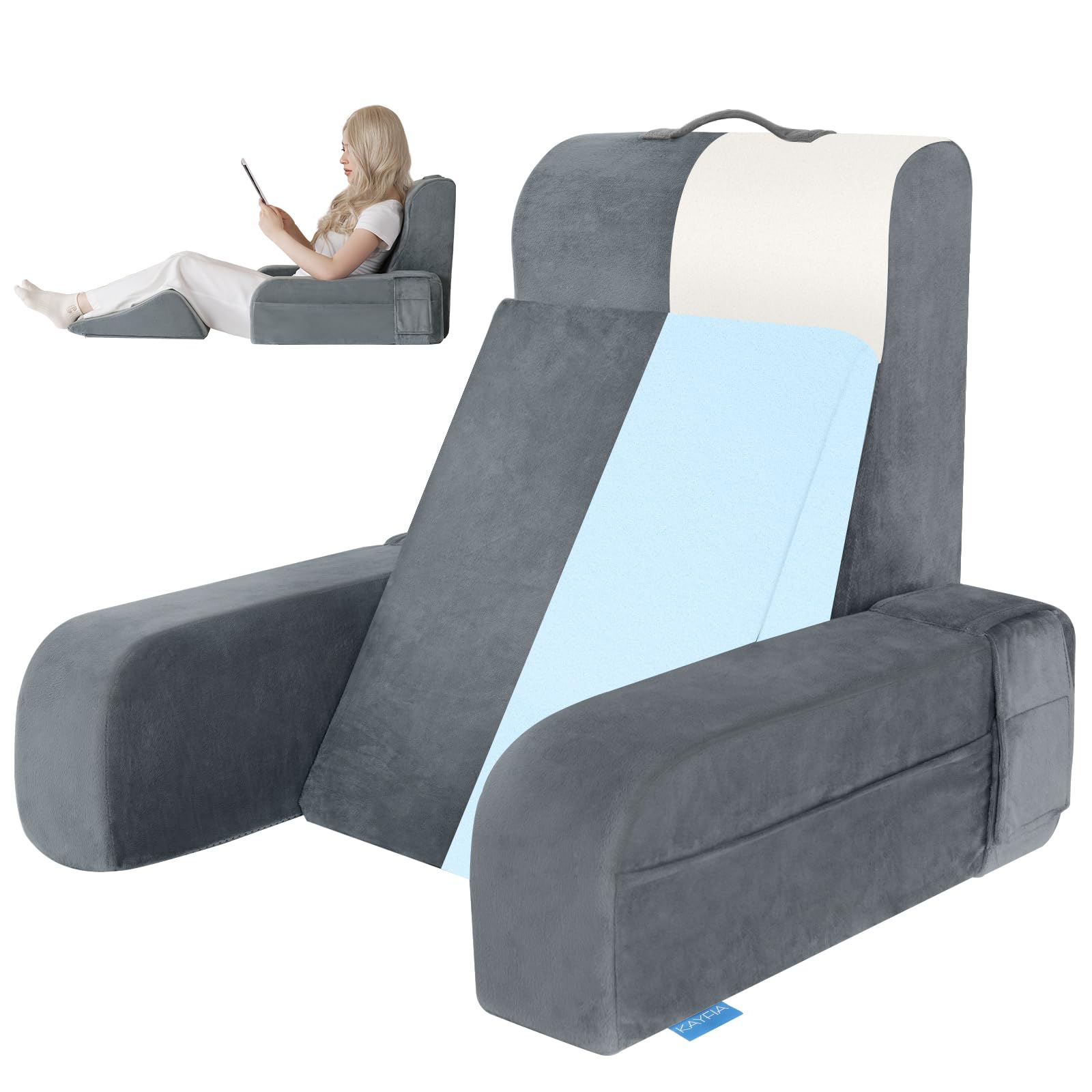 Kayfia Reading Pillow, 10 in 1 Back Pillow for Bed Sitting up with Detachable Arms Rest, Back Rest with Gel Memory Foam, Reading/Gaming/Working in Bed