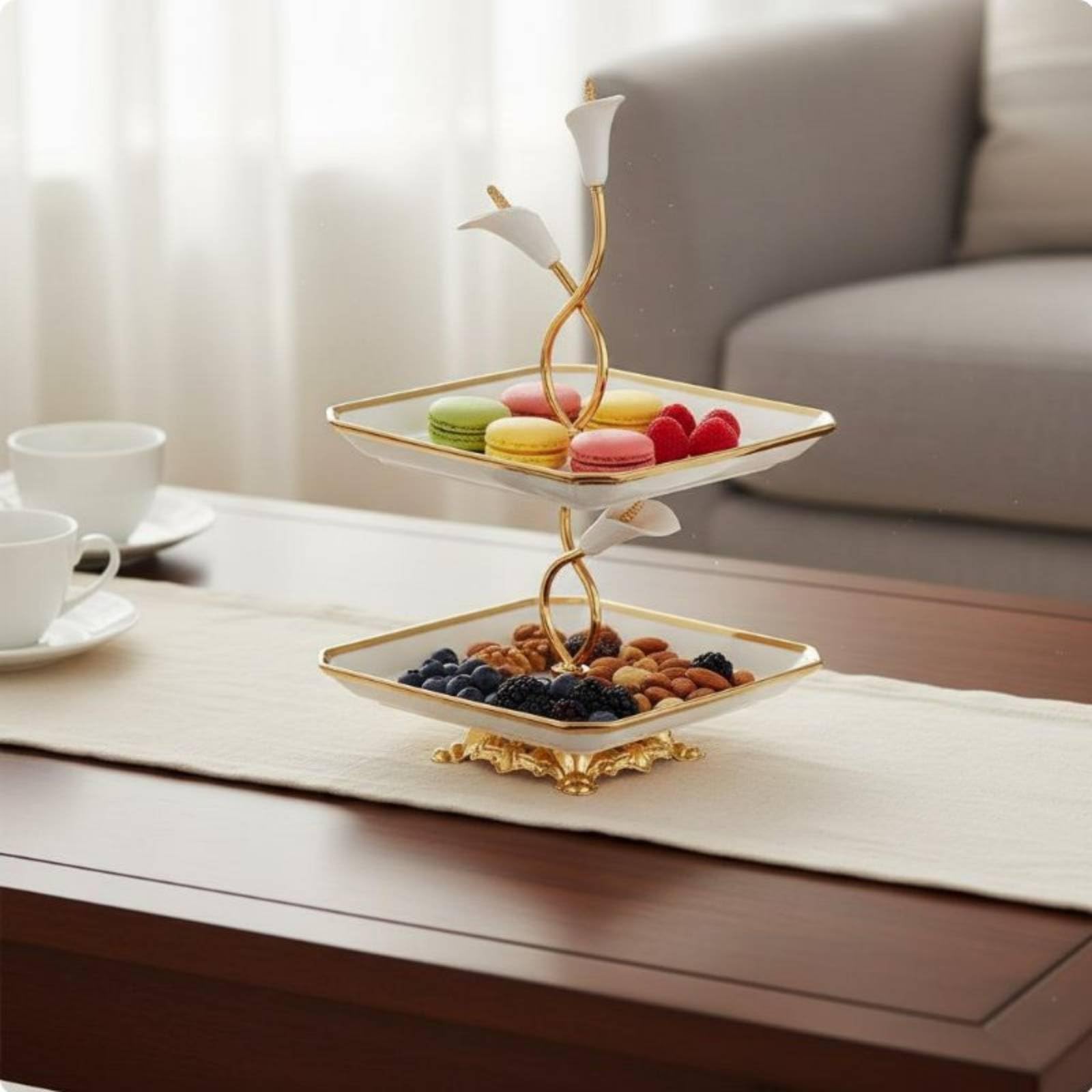 Qianly Piatto da Dessert in Ceramica Alzata a Due Livelli Vassoio Frutta Supporto Dolci Centrotavola con Telaio in Ferro E Decorazioni Floreali Elegante E, Moderno-B