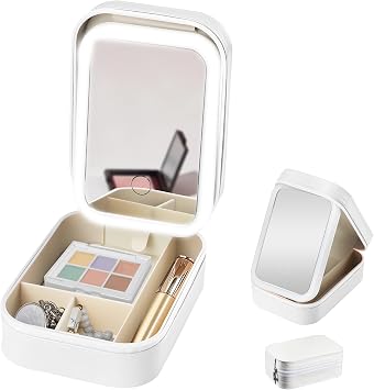 Travel Makeup Bag with LED Mirror,7 4.9 2.7in Travel Makeup Organizer with Adjustable Light-Up Mirror,3 Color Light Settings,Make up Case Portable Cosmetic Bag Jewelry Organizer Case for Lady
