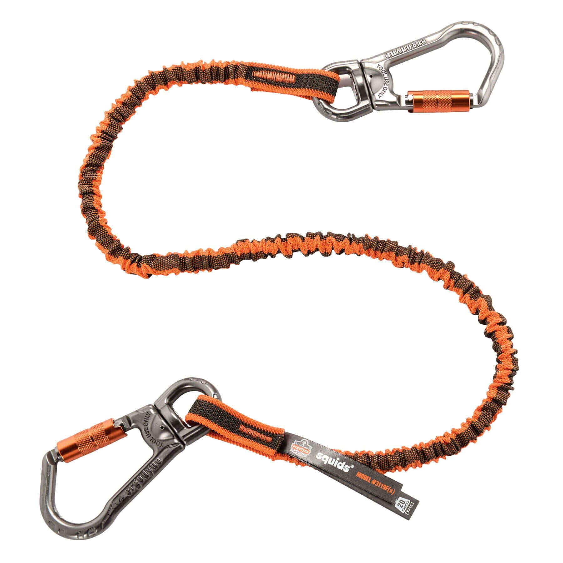 Ergodyne - 19829 Shock Absorbing Tool Lanyard with Two Double Locking Swiveling Carabiners, Tool Weight Capacity 25lbs, Squids 3119, Orange & Gray,