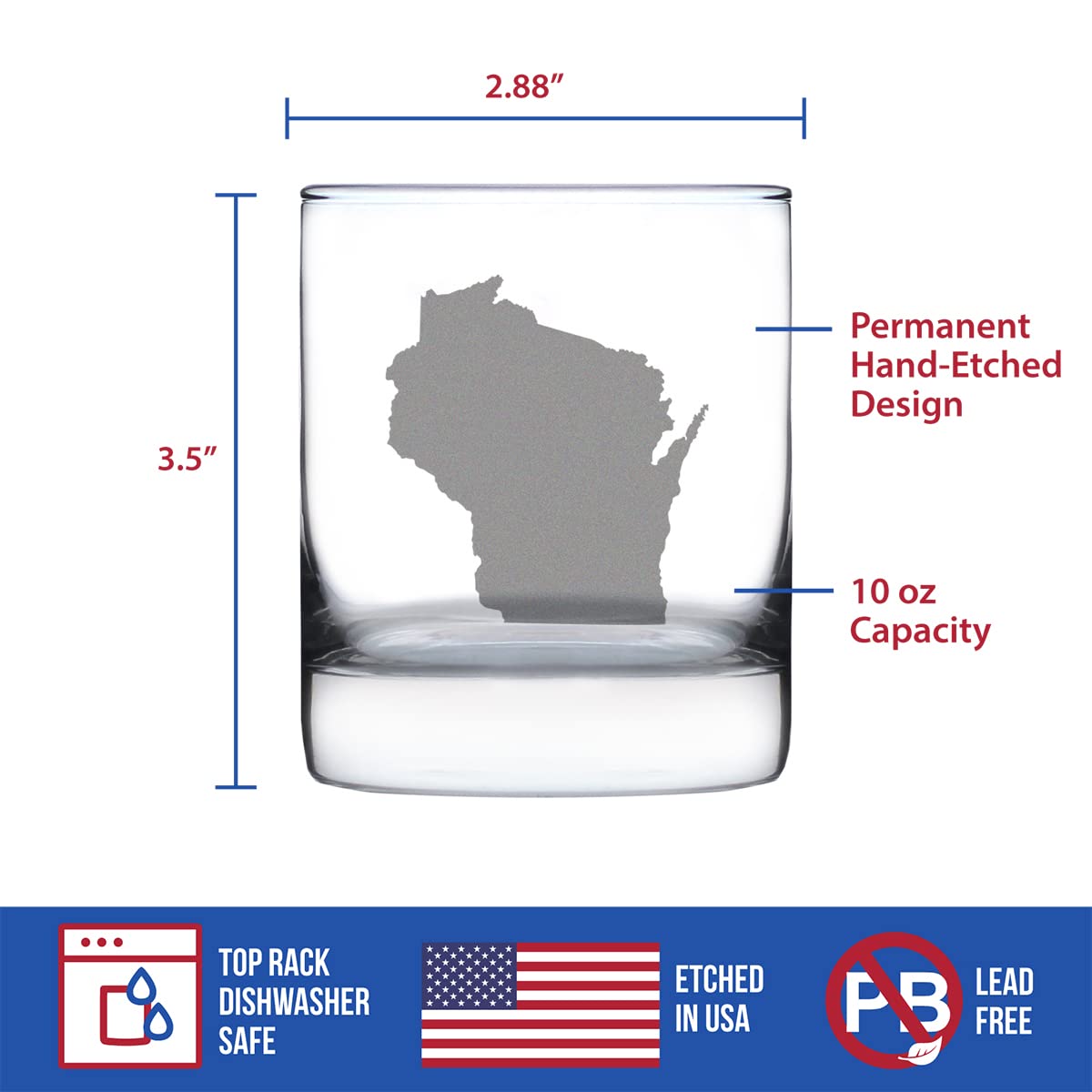 Bevvee Wisconsin State Outline Whiskey Rocks Glass - State Themed Drinking Decor and Gifts for Wisconsinite Women & Men - 10.25 Oz Whisky Tumbler Glasses