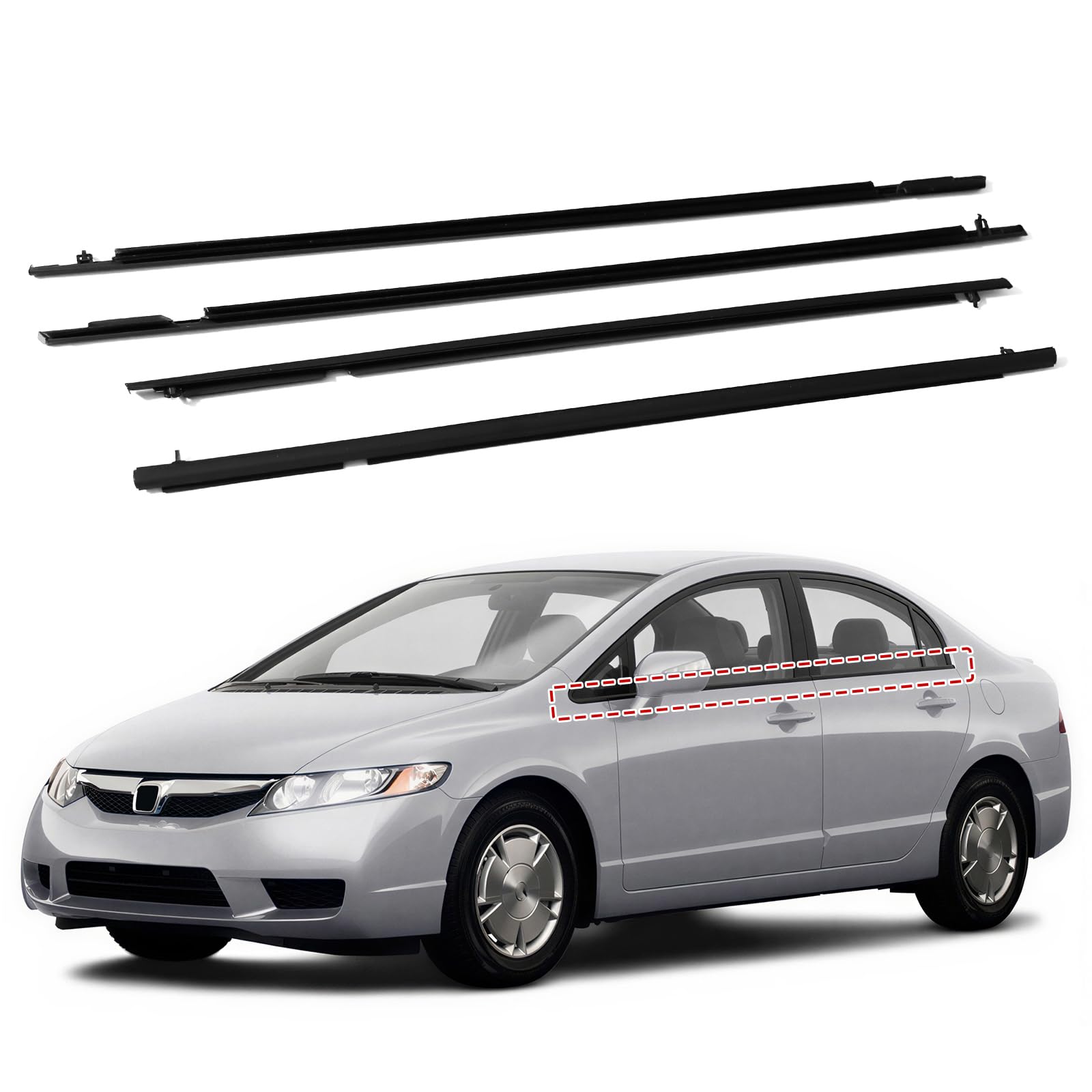 Gofira Black 4Pcs Window Weather Stripping With Install Tool Fit Honda Civic 2006-2011 4Door Sedan Ref 72410-Sna-A01 72450-Sna-A01 72950-Sna-A01 72910-Sna-A01 Soundproof Seal Belt