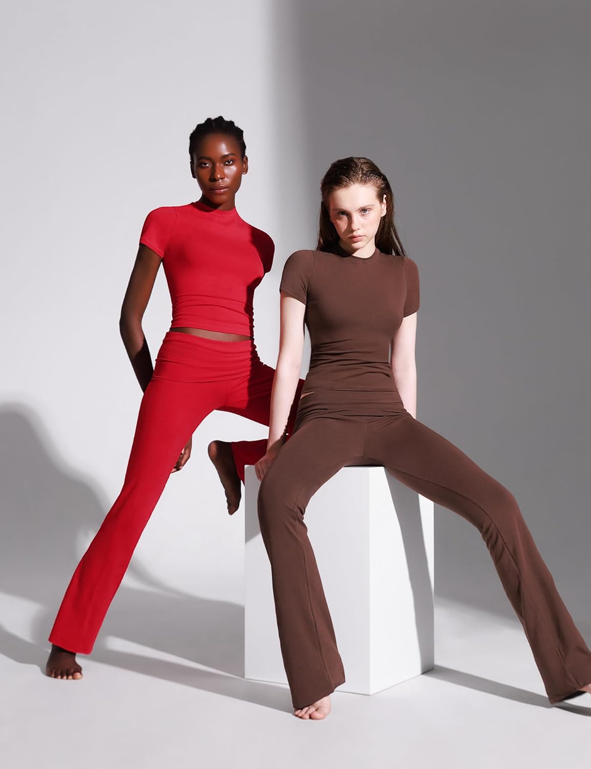 PUMIEY Women's 2 Piece Lounge Sets Short Sleeve Tops Fold-Over Flare Pants Casual Outfits Matching Set Nap Collection - Image 6