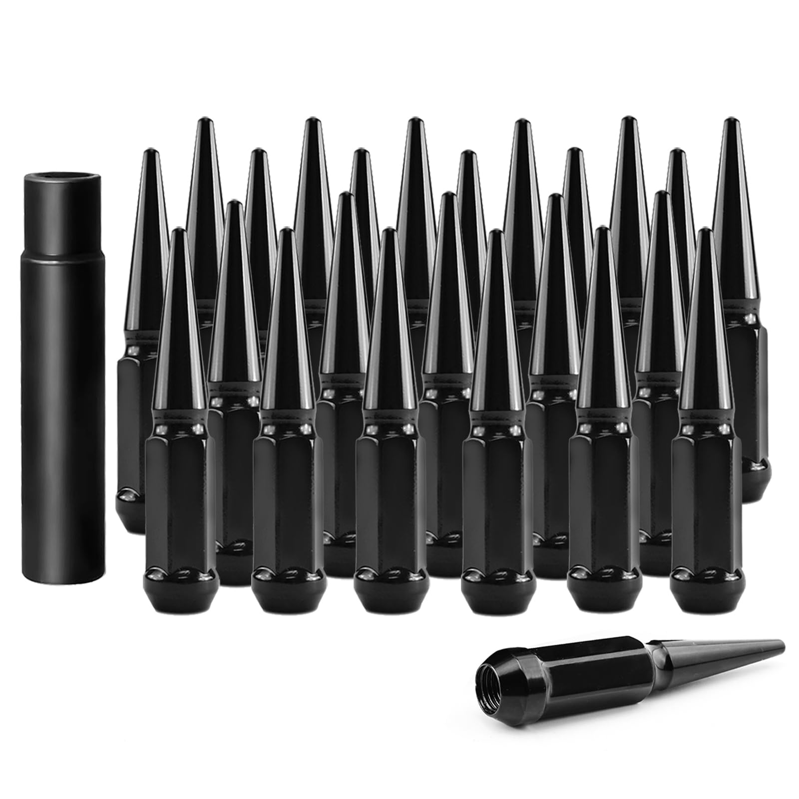 Set of 24, 14 mm x 1.5 Wheel Spike Lug Nuts, M14x1.5 Conical Bulge Seat, Closed End Spiked Lug Nuts with 1 Socket Key for Silverado Sierra 1500Aftermarket Wheel Black