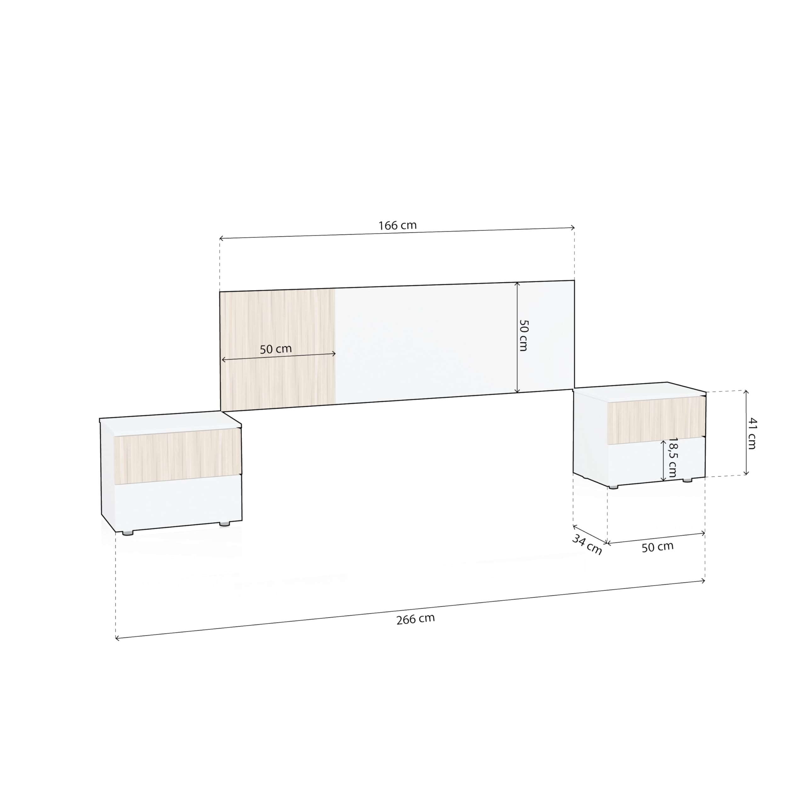 duehome | Pack Cabecero y 2 Mesitas de Noche, Dormitorio Doble, Dormitorio Completo, Modelo Nitza, Acabado en Blanco Artik y Natur
