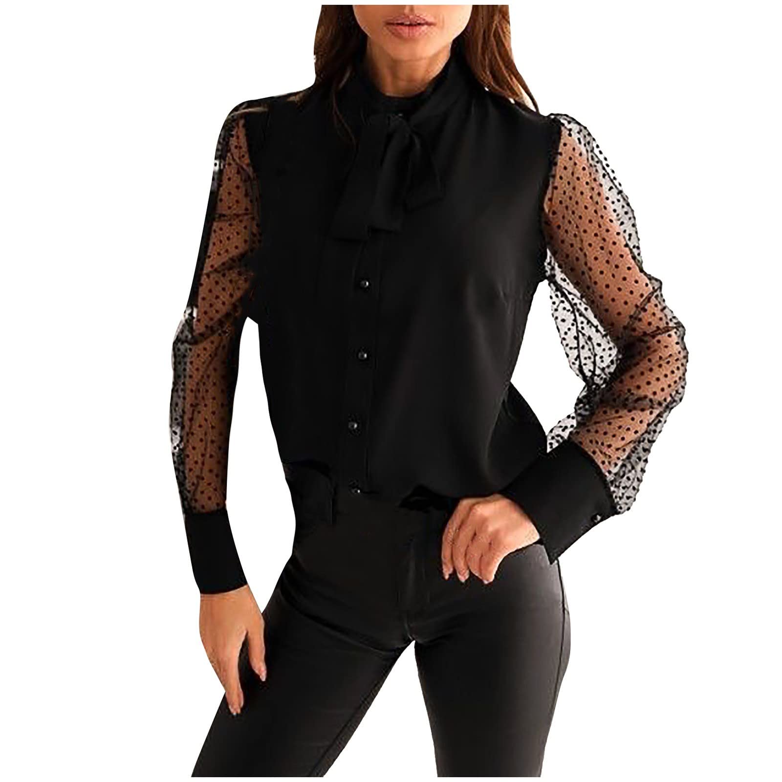CCOOfhhc Blusa de mujer de negocios, elegante, blusa de gasa, cuello redondo, monocolor, camisetas de manga larga, sueltas de malla transparente, informales, tallas grandes, blusa de camisa con lazo, otoño y