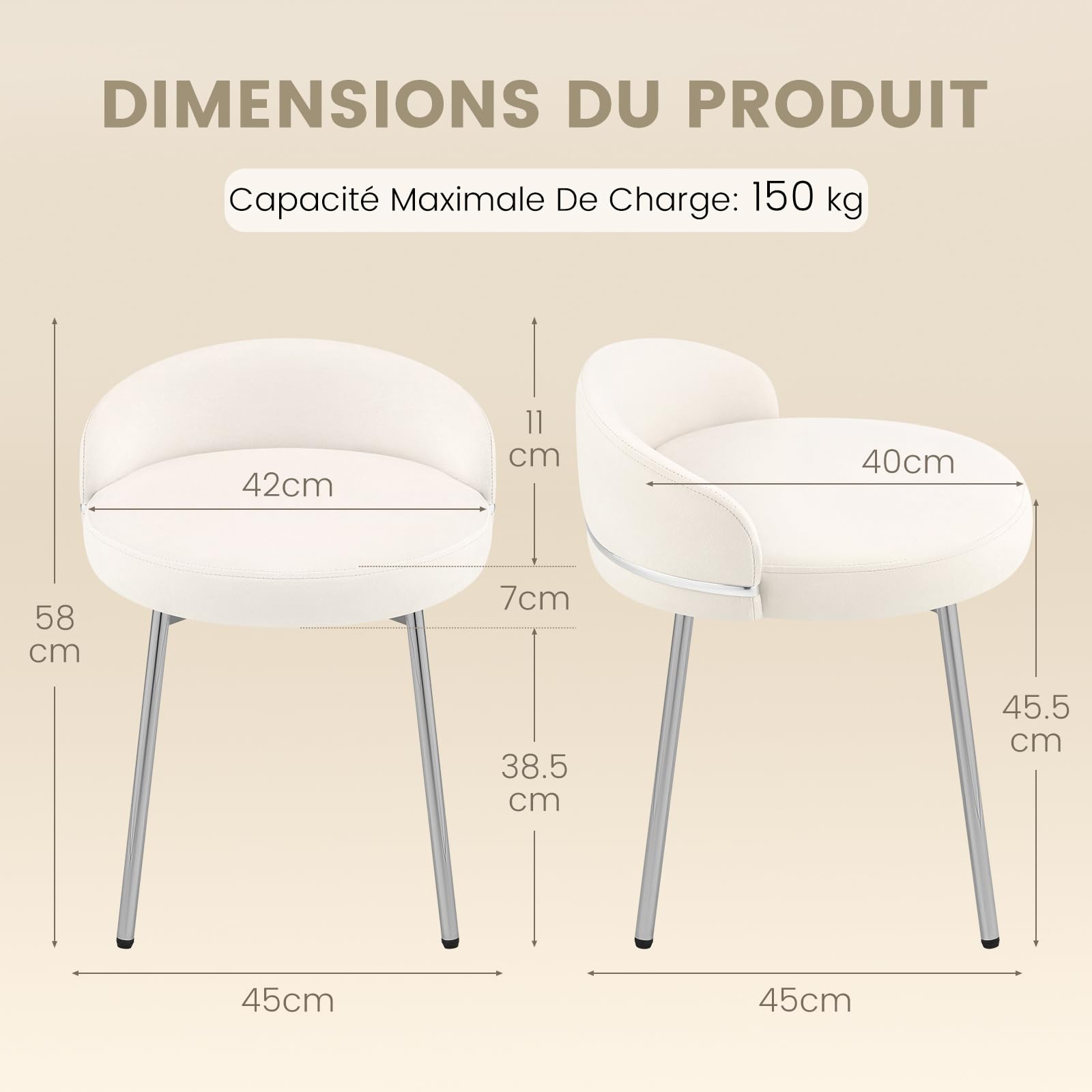 Hellove Tabouret Coiffeuse Samt Rond avec Pieds en Métal Argenté, Chaise Coiffeuse Moderne Vanity Stool avec Dossier Courbé et Assise Rembourrée pour Chambre, Salon, Charge 150kg, Beige