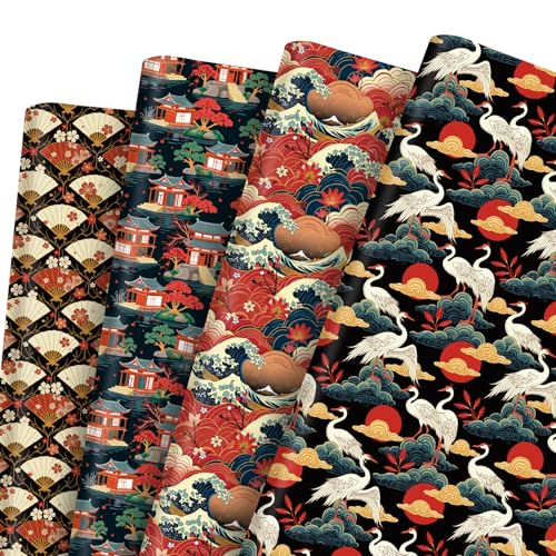 Pineraap 12 Sheets Japanese Wrapping Paper Traditional Japanese Themed Gift Wrap with Sakura Cranes Fans Waves and Temples Design Gift Packing Paper Anime Gift Wrap for Japan Lovers 2028
